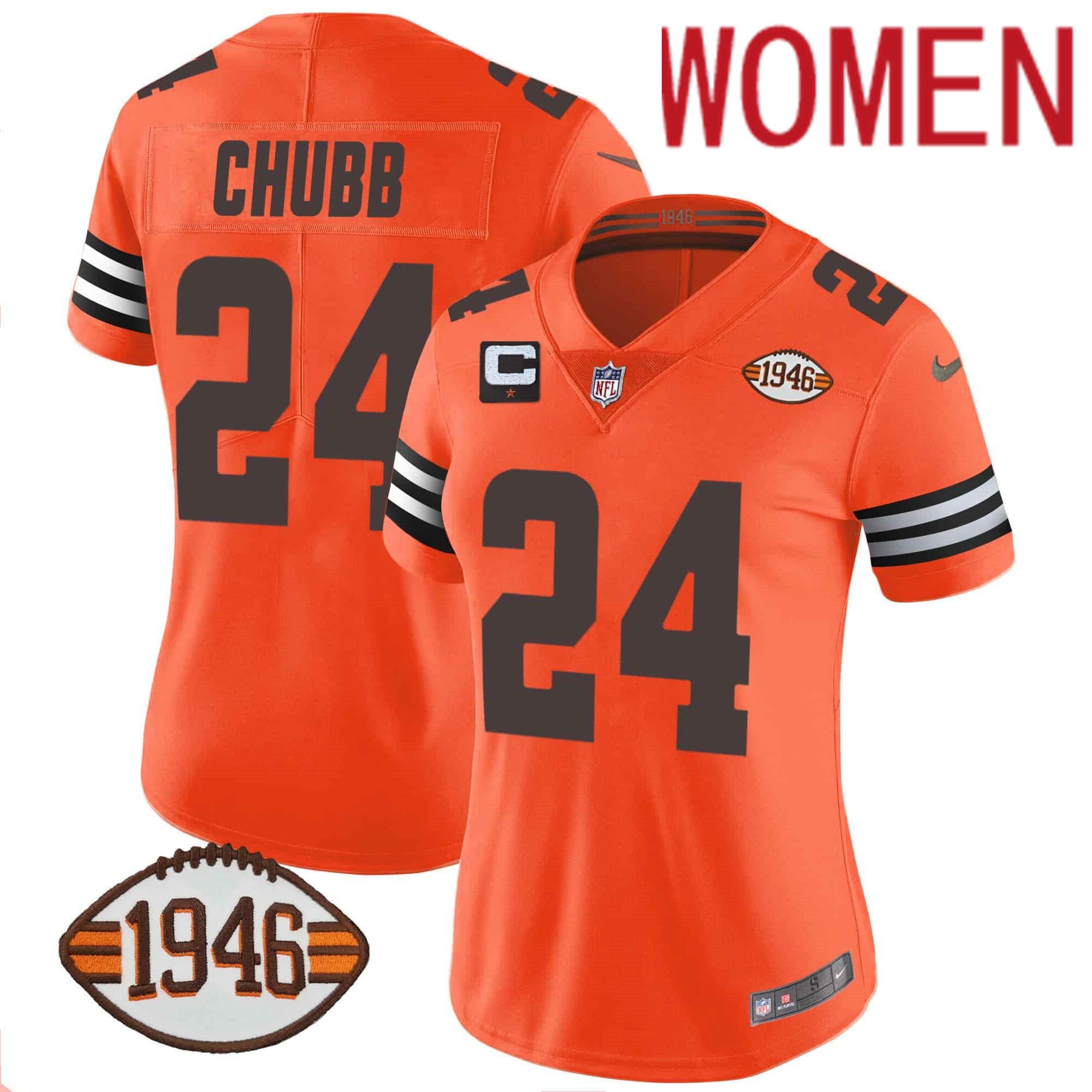 Women Cleveland Browns #24 Chubb Orange 1946 75th Anniversary Patch 2024 Nike NFL Jersey